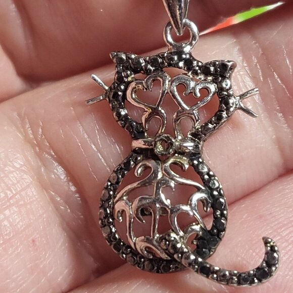Black Diamond Accented Silver Filigree Cat Pendant Necklace - Picture 3 of 9